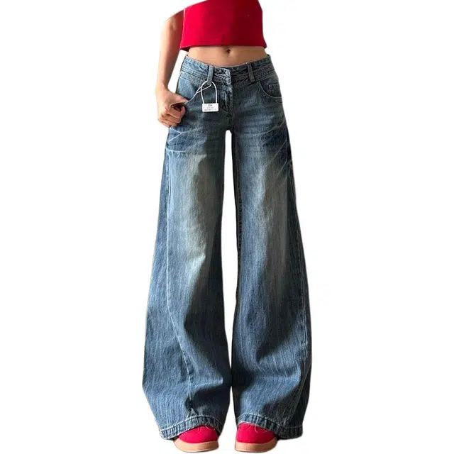 如续 美式复古水洗阔腿低腰宽松显瘦不贴腿微喇拖地牛仔裤 女款