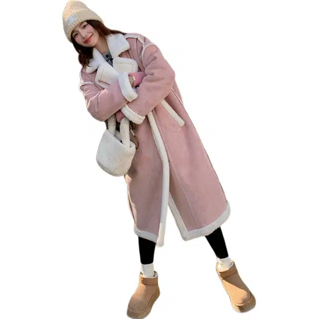 稻草人 粉色韩版宽松皮毛一体羊羔毛冬长款过膝加厚上衣绒感外套 女款