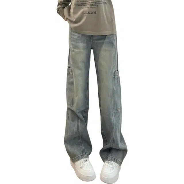 徐百货 美式复古侧口袋牛仔裤春秋款潮牌宽松拼接设计感直筒阔腿潮流长裤高街水洗工装裤 男女同款