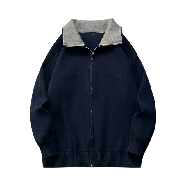 一碗士多 翻领拼接美式复古高街针织衫 男女同款