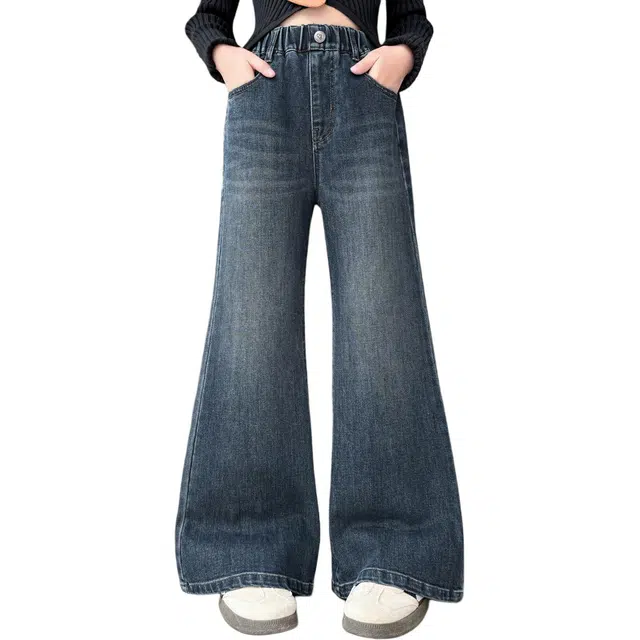 帕兰朵牛仔裤 女童秋季微辣阔腿裤韩版百搭时尚修身复古洋气显瘦中大童儿童爱心刺绣秋 青少年