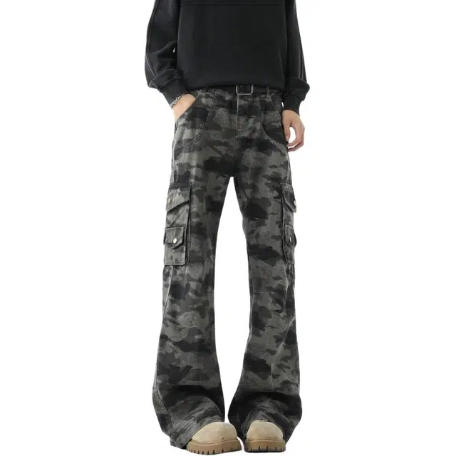 宝米卡 休闲百搭美式高街微喇长裤迷彩工装裤直筒修身显瘦裤子嘻哈街头风牛仔裤 男女同款