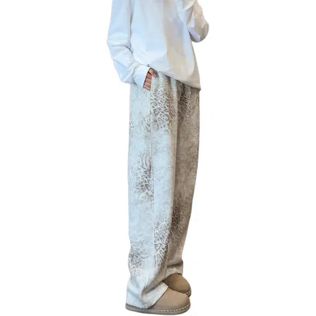 单爵 豹纹卫裤男秋季小众设计感裤子美式慵懒风垂感阔腿休闲裤 男女同款