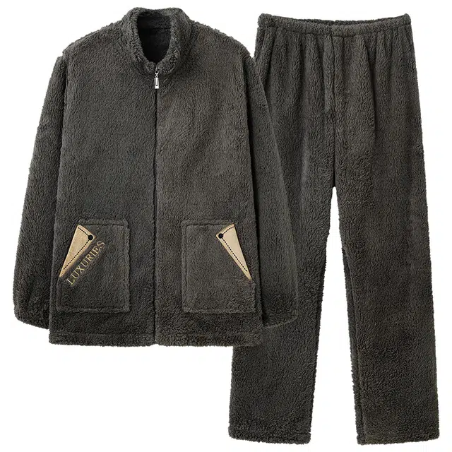 莫代尔 珊瑚绒男士秋冬季加绒加厚长毛法兰绒拉链可外穿家居服两件套睡衣套装 男款