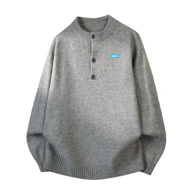 图兰朵 日系复古高级感简约经典亨利领中性套头宽松韩版慵懒风帅气针织衫休闲日常百搭舒适垂感保暖御寒通勤半开衫纽扣亲肤毛衣 男女同款