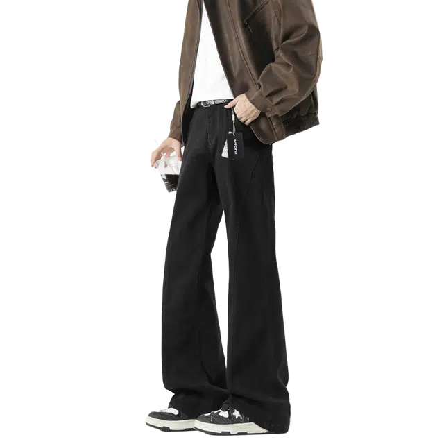 左岸 美式高街斜切微喇长裤男潮牌显瘦直筒宽松阔腿休闲弯刀裤春秋季牛仔裤 男款