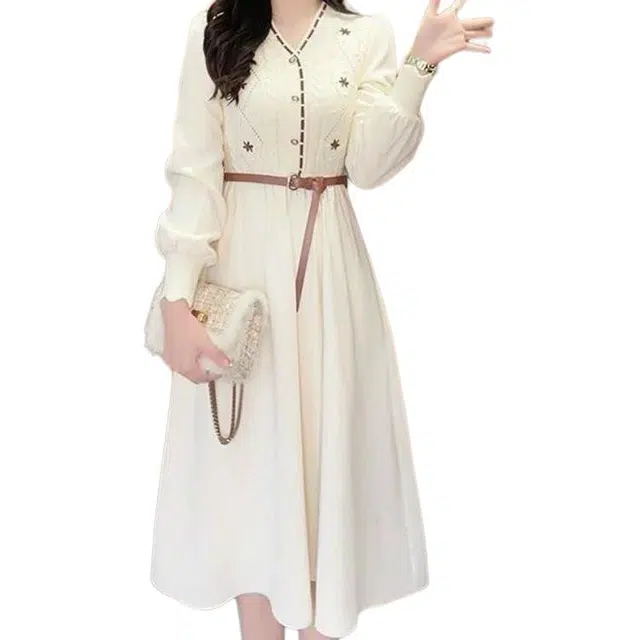 纤丝鸟 针织裙打底内搭法式赫本风气质收腰裙子长袖连衣裙 女款