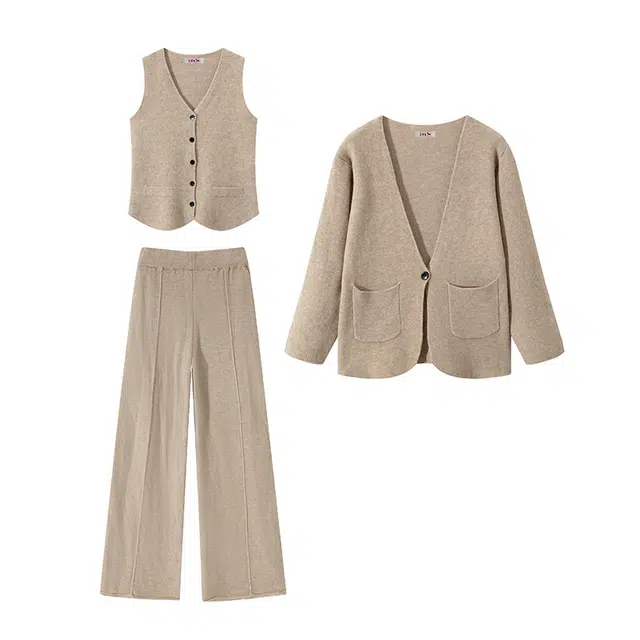 红蜻蜓 时尚三件套立体针织无袖马甲长袖开衫外套直筒长裤气质一整套休闲套装 女款