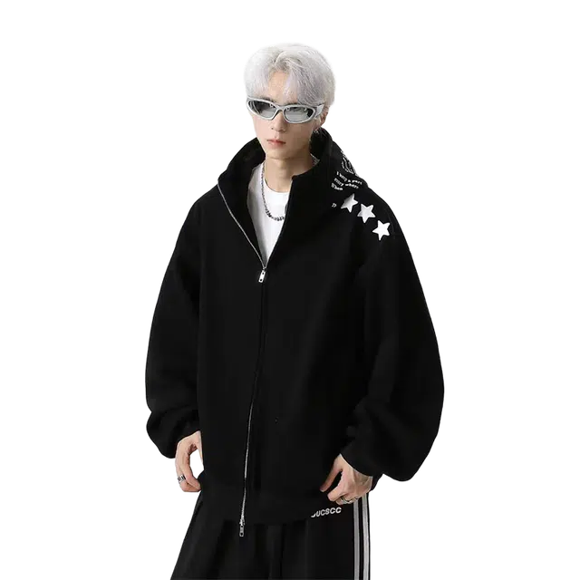 一碗士多 英文五角星压花连帽美式复古高街时尚流行痞帅个性高级设计日常通勤宽松舒适百搭卫衣 男女同款