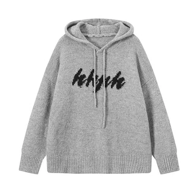 小卷要加油 灰色连帽女秋冬慵懒宽松国潮字母外搭上衣针织衫 女款