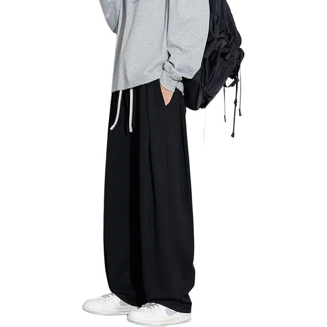 协协乐 高街风简约纯色美式潮牌秋冬季宽松直筒垂坠感阔腿拖地裤青少年弹力抽绳百搭运动长裤休闲裤 男款