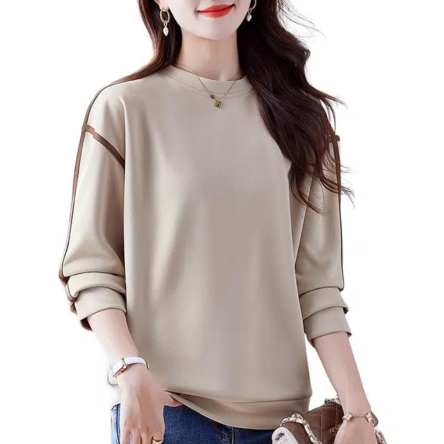 缪斯的诱惑 春秋款时尚潮流纯色条纹拼接洋气减龄休闲百搭舒适宽松显瘦套头打底衫长袖上衣简约高品质轻便运动户外穿搭圆领卫衣  女款