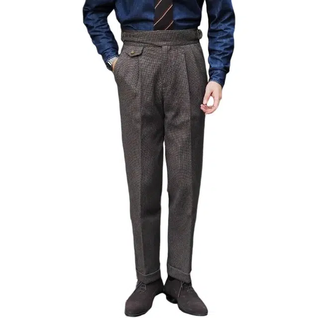 大格子与黑猫 复古廓尔格高腰裤卷边修身那不勒斯长裤秋冬厚款呢子保暖休闲西裤 西装裤 男款