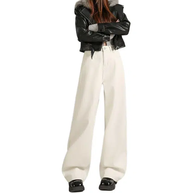 如续 潮流百搭加绒纯棉保暖阔腿裤宽松休闲直筒显瘦简约经典款软牛仔裤 女款