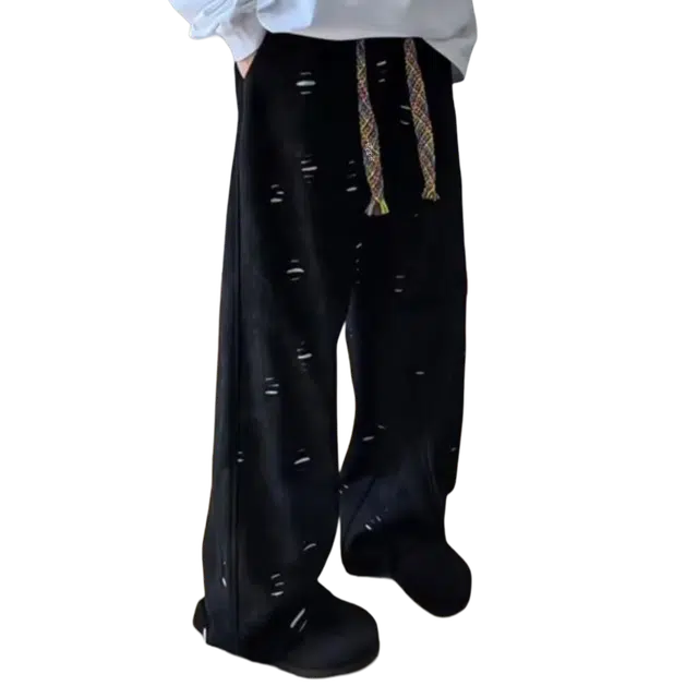 一碗士多 割破撞色七彩系带美式复古宽松潮流时尚小众高级设计感垂感拖地弯刀阔腿显高显瘦日常户外通勤休闲裤 男女同款