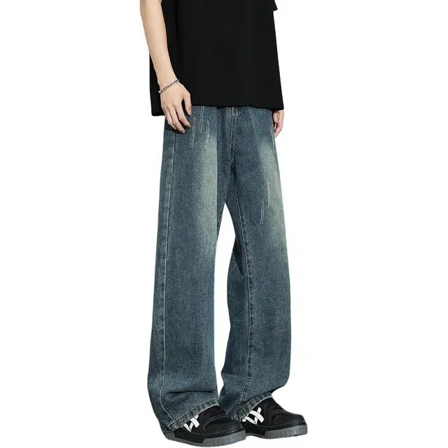 宝米卡 美式高街复古长裤猫须磨白宽松直筒裤子个性气质水洗怀旧休闲牛仔裤 男女同款