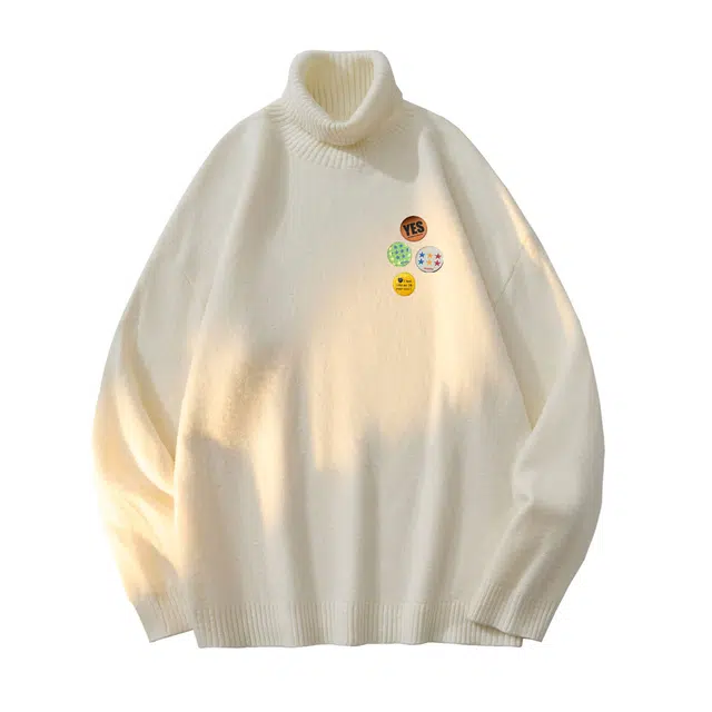 陆与山屿 美式高街复古胸针痞帅嘻哈百搭舒适设计感户外防风防寒高领毛衣休闲宽松慵懒风直筒秋冬针织衫 男女同款