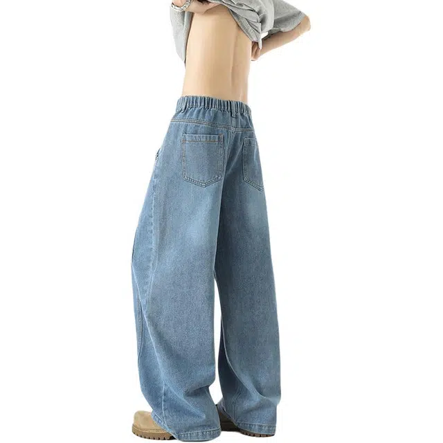 宝米卡 高街复古弯刀作旧水洗裤子直筒宽松痞帅时尚潮牌阔腿休闲长裤牛仔裤 男女同款