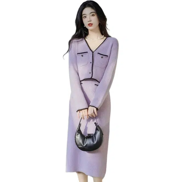 纤丝鸟 奶甜系小香风套装高级感纯欲风吊带开衫长袖连衣裙 女款