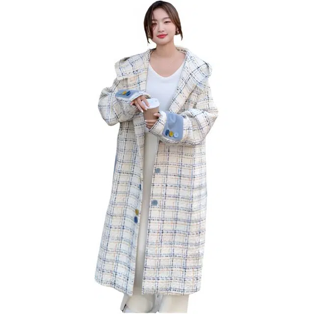 荟萃阁 小香风格子韩系设计感小众连帽毛呢外套大衣 女款