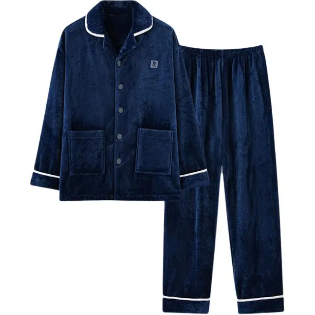 莫代尔 男秋冬季加绒加厚珊瑚绒抗静电长袖大码法兰绒家居服男士睡衣套装 男款