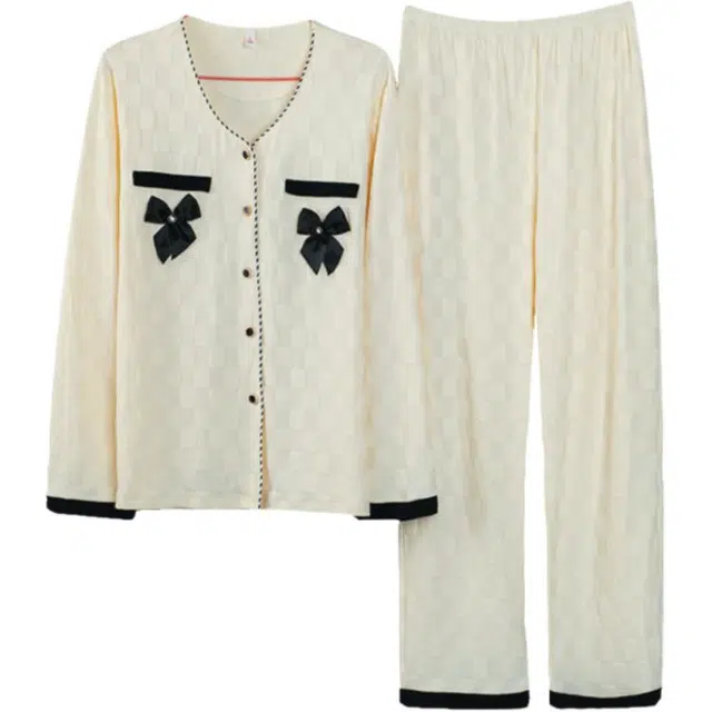 浮光岛屿 简约纯色甜美可爱口袋高级感长袖长裤家居服舒适亲肤透气可外穿宽松休闲睡衣套装 女款 礼盒装 杏色