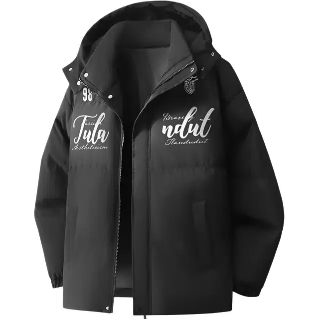 图兰朵 美式复古字母印花休闲运动宽松拼接假两件舒适百搭加厚保暖连帽外套棉服 男女同款