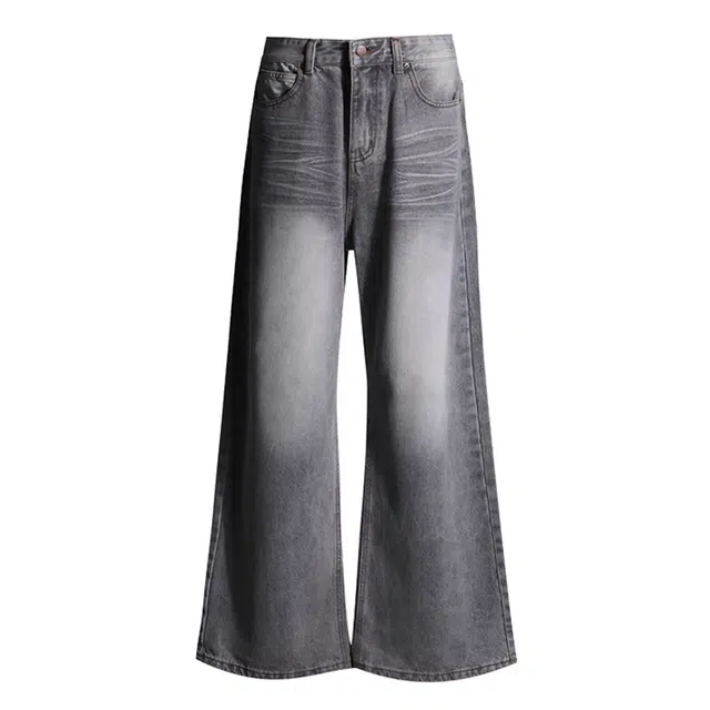 拾籍 慵懒出街轻松假日时尚潮流设计感波纹灰复古宽松垂感显瘦直筒休闲阔腿牛仔裤 女款