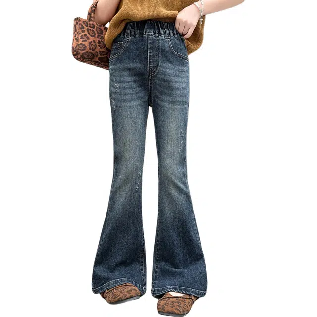 帕兰朵牛仔裤 女童时尚潮流百搭后口袋蝴蝶结喇叭裤春秋女大童韩版洋气长裤女孩秋季休闲初中生 青少年