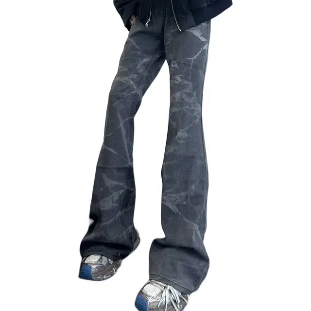 洞洞拐 美式复古潮流设计感高级感波纹印花微喇叭显瘦窄版直筒阔腿拖地长裤牛仔裤 男女同款