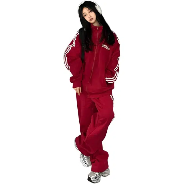 囍鱼少女 三条杠运动服女春秋冬季韩系东大门学院风宽松卫衣两件套休闲套装 女款