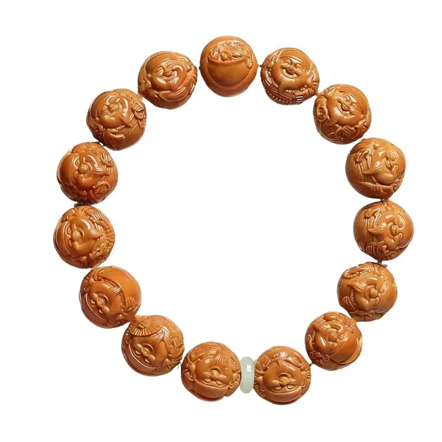 子婳 吉祥如意招财纳福复古民族风时尚精致雕刻荷叶财神苏工正圆桃核文玩盘玩简约百搭显白手饰 猴头核桃 手串 男女同款情侣款