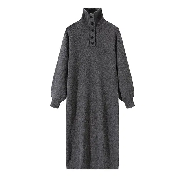 红蜻蜓 秋冬针织打底裙慵懒风高领长款直筒裙简约百搭休闲毛衣长裙过膝长袖连衣裙 女款