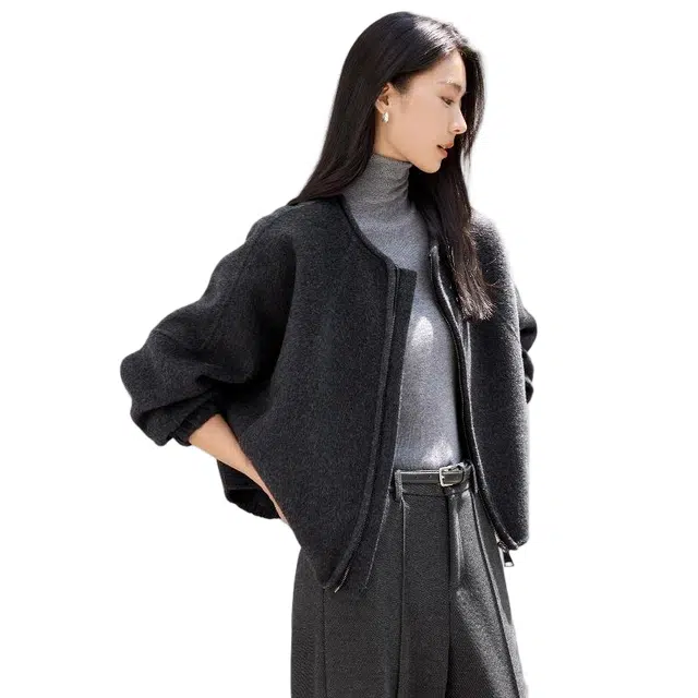 佐塞斯 高端品质轻奢蝙蝠袖双面呢羊毛女秋冬时髦拉链修身毛呢短外套大衣 女款