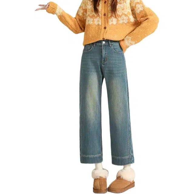 如续 加绒保暖小个子弹力直筒八九分烟管奶奶裤高腰百搭简约基础款通勤牛仔裤 女款