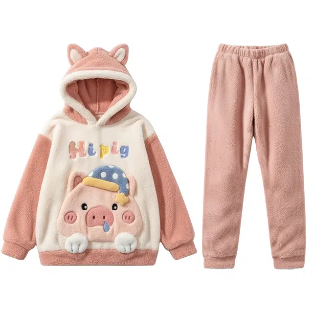 俏霓桐 秋冬卡通小猪猪可爱保暖连帽学生时尚居家加厚加绒珊瑚绒可外穿家居服睡衣套装 女款