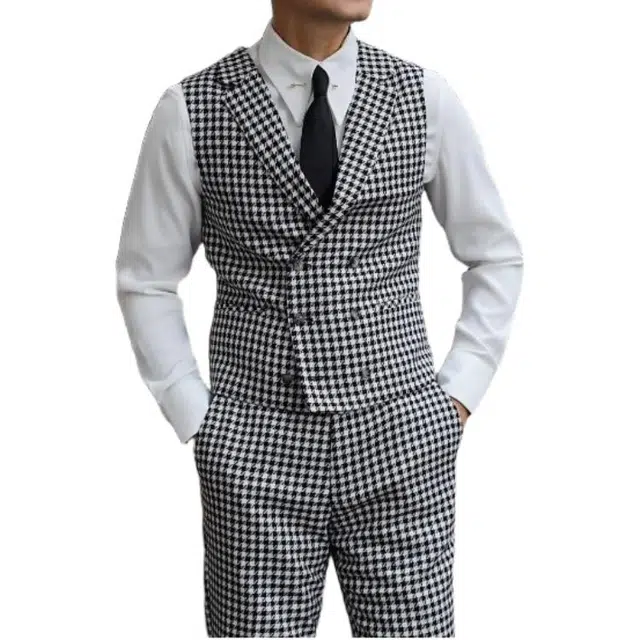 大格子与黑猫 英伦复古双排扣雅痞绅士主持时髦经典千鸟格修身结婚新郎西装马甲 男款