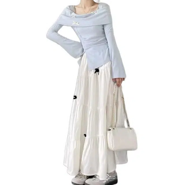 纤丝鸟 法式韩系蝴蝶结设计一字开叉上衣修身半身裙套装长袖连衣裙 女款