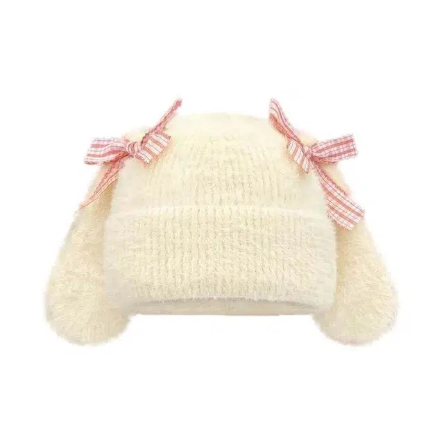 恩僾德 蝴蝶结兔耳针织保暖百搭 聚酯纤维 绒线帽 男女同款情侣款