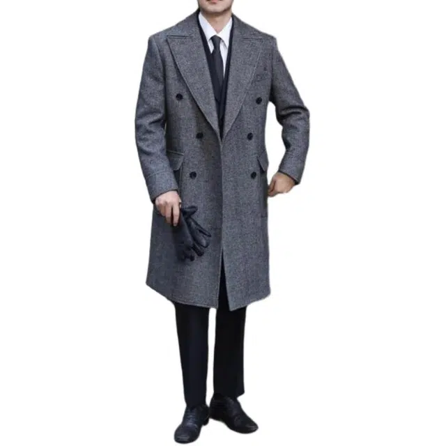 大格子与黑猫 英伦复古外套西装领羊毛呢 粗花呢人字纹双排扣秋冬厚款马球 大衣 男款