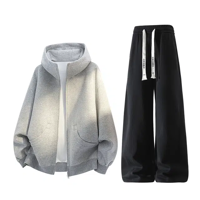 梓润格 宽松时尚潮流氛围感舒适个性设计百搭开衫无性别主义户外运动高级慵懒风青春学院风感美式连帽简约卫裤长裤卫衣套装 男女同款