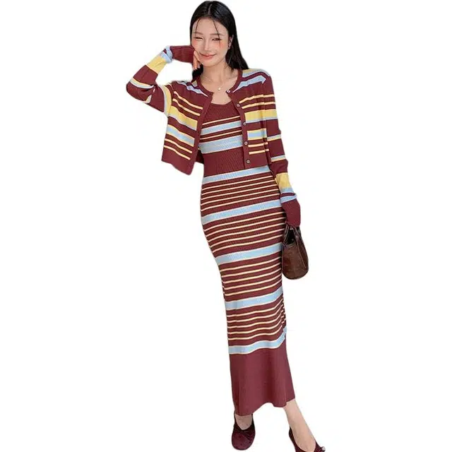 纤丝鸟 简约法式甜美小香风长款条纹洋气舒适长袖连衣裙 女款