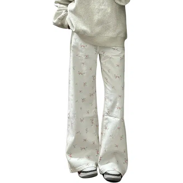 如续 白色碎花高腰阔腿裤宽松直筒裤垂感拖地牛仔裤 女款