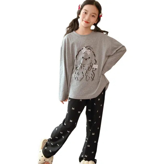 帕兰朵 家居服套装 女童时尚舒适柔软亲肤纯棉卷毛狗睡衣女孩初中生洋气儿童春秋长袖长裤两件套青少年