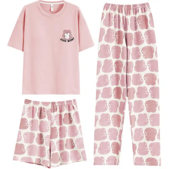 浮光岛屿 简约时尚可爱带胸垫圆领高级感短袖家居服凉感休闲舒适亲肤可外穿睡衣套装 女款 礼盒装 粉红色