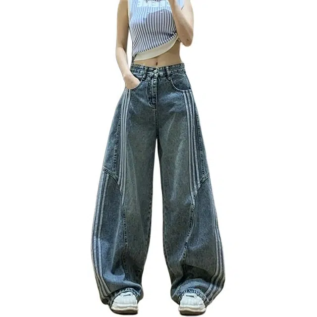 如续 美式复古水洗解构弯刀设计三条条纹拼接百搭三条杠牛仔裤 女款