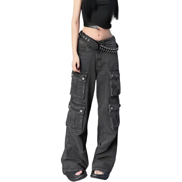 宝米卡 街头美式多口袋小众复古阔腿工装裤情侣拖地裤牛仔裤 男女同款