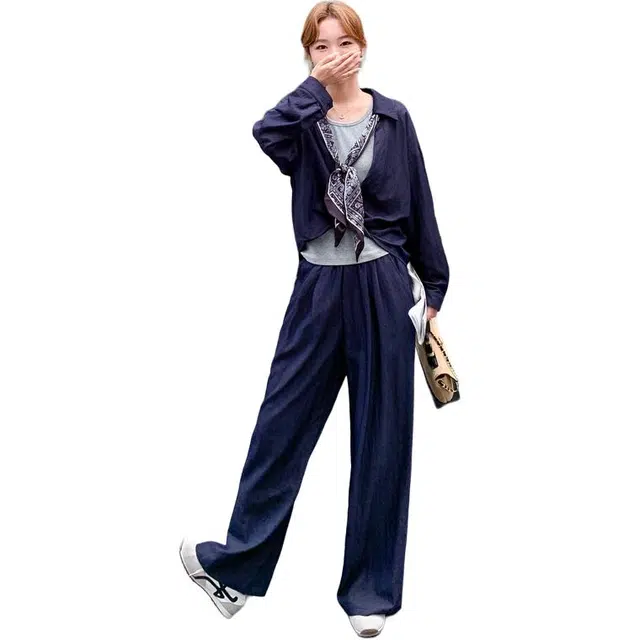 稻草人 时尚设计款气质时髦舒适版型背心上衣长裤三件套休闲套装 女款