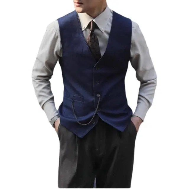 大格子与黑猫 英伦复古伴郎婚纱照浴血黑帮绅士商务休闲文艺牛仔蓝修身马甲 男款