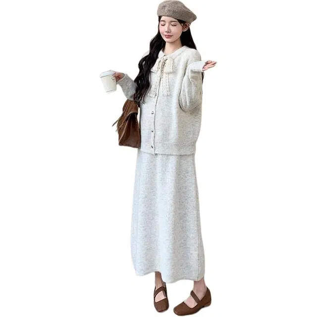 纤丝鸟 韩系优雅气质减龄甜美小香风舒适百搭长袖连衣裙 女款